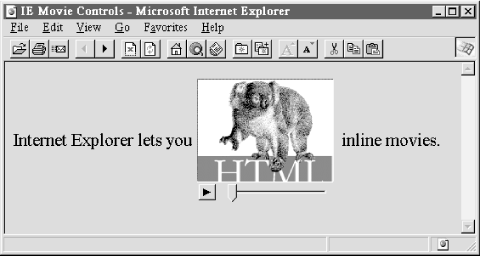Obrázek s ukázkou atributů dynsrc a controls a koaly v pradávné verzi Exploreru